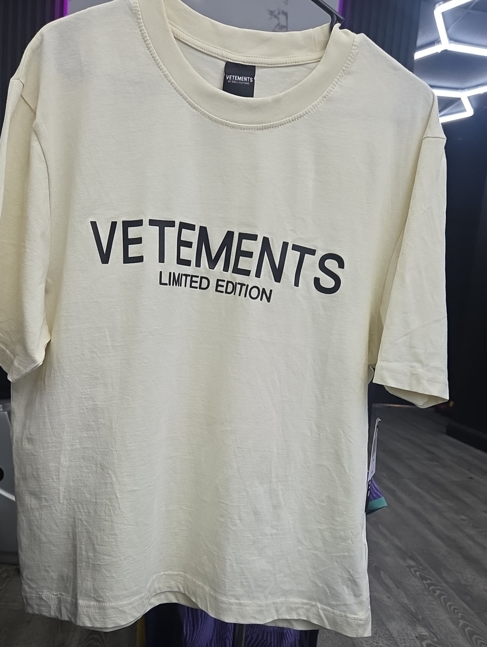 Vetements Cream Short Sleeve Logo Tee with Black Lettering